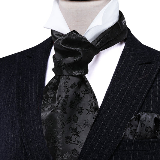 Black Flower Ascot, Pocket Square and Cufflinks ascot    - Sophisticated Gentlemen