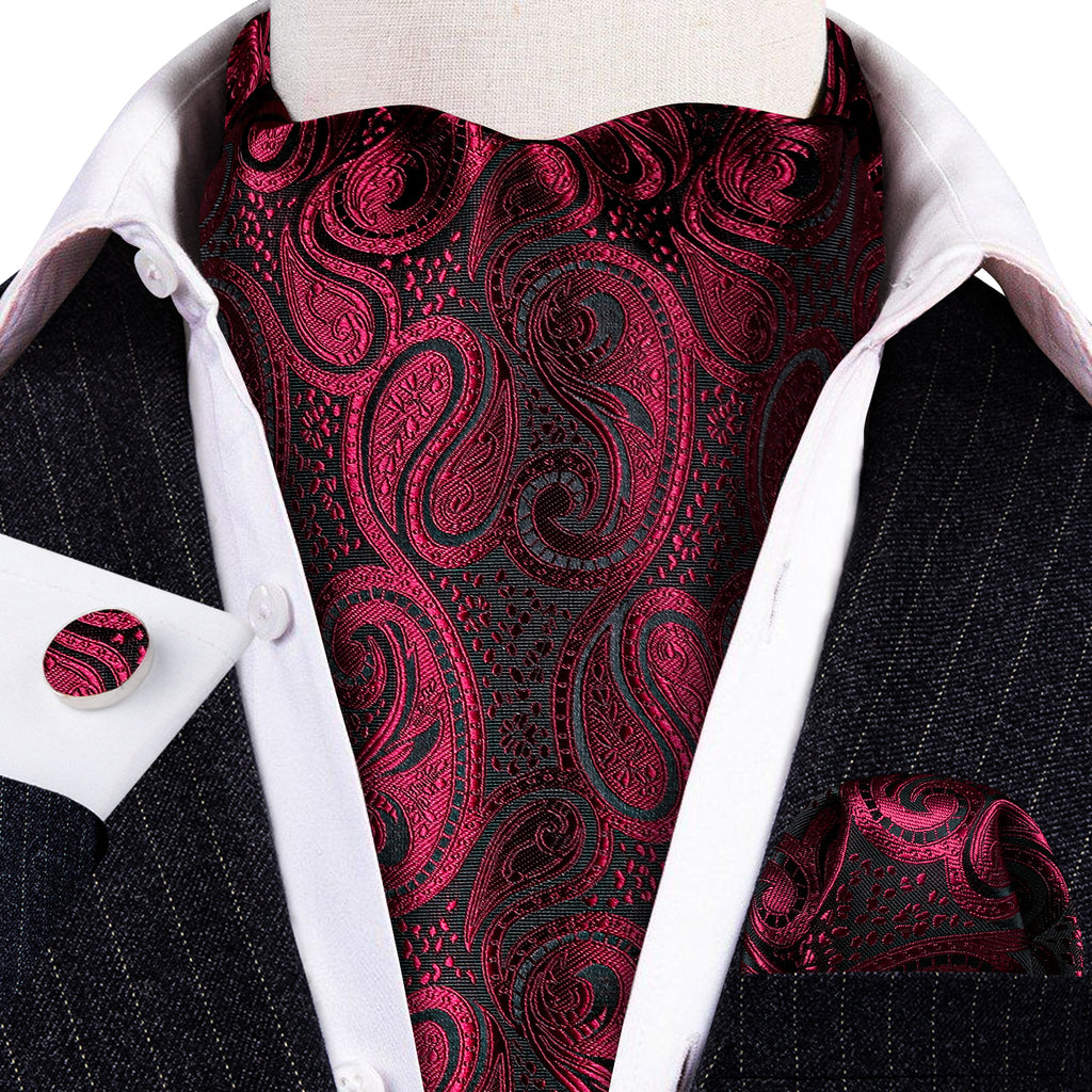 Burgundy Red Paisley Ascot, Pocket Square and Cufflinks ascot - Sophisticated Gentlemen