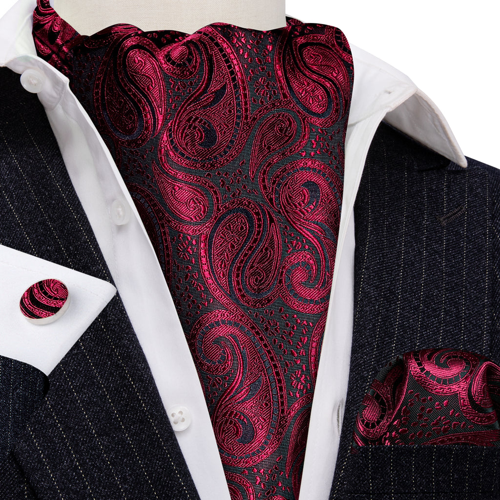 Burgundy Red Paisley Ascot, Pocket Square and Cufflinks ascot - Sophisticated Gentlemen