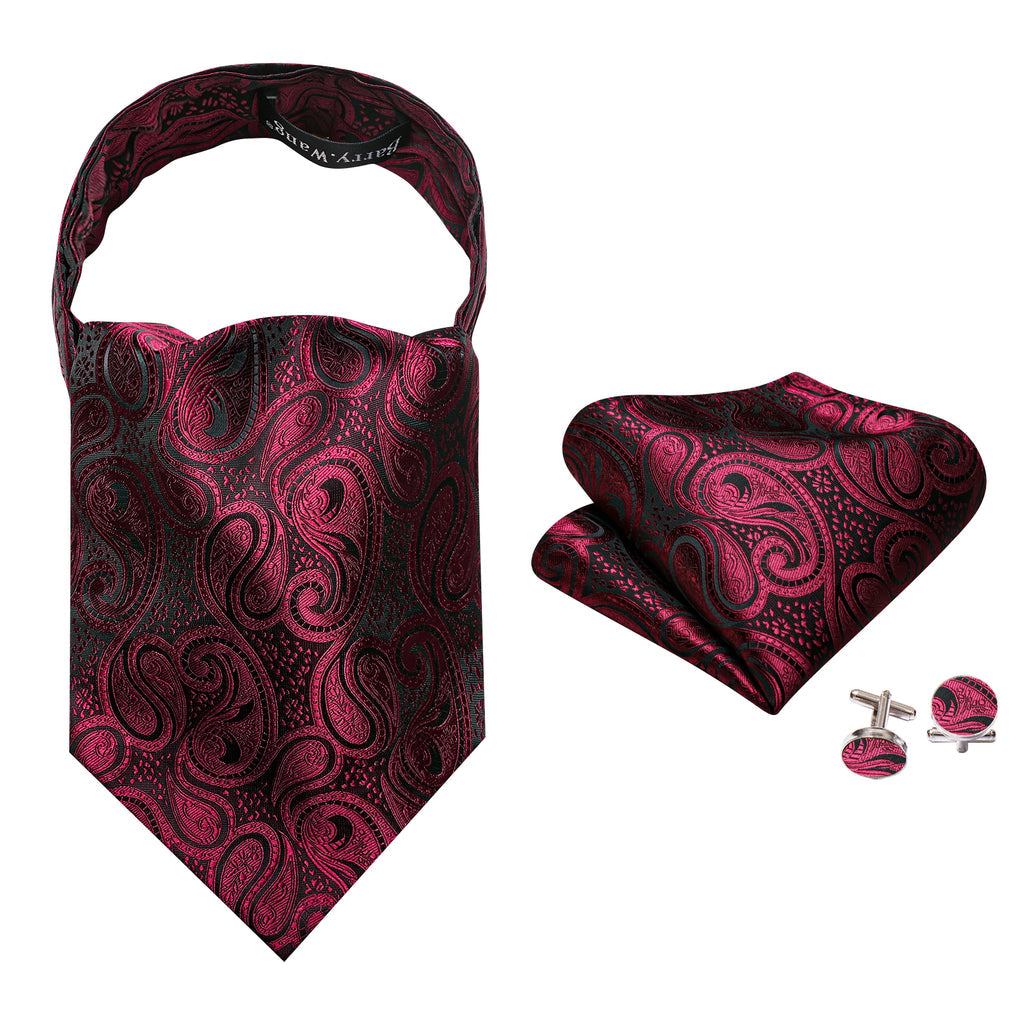 Burgundy Red Paisley Ascot, Pocket Square and Cufflinks ascot - Sophisticated Gentlemen