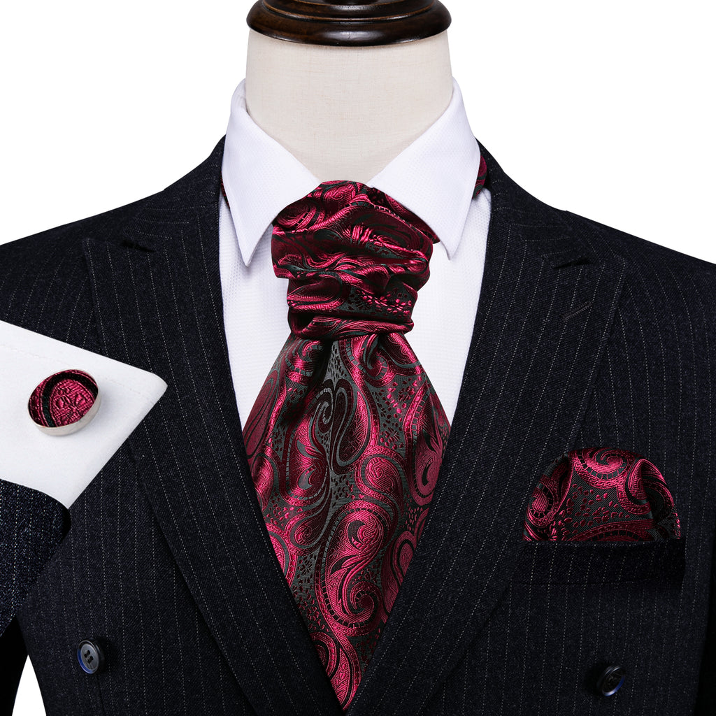Burgundy Red Paisley Ascot, Pocket Square and Cufflinks ascot - Sophisticated Gentlemen