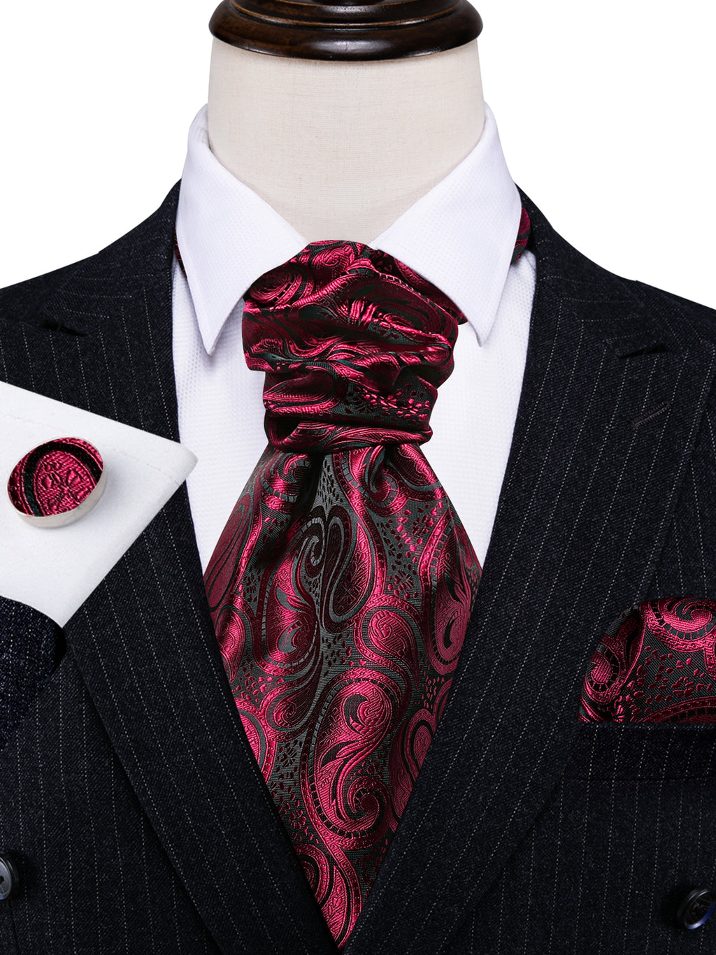 Burgundy Red Paisley Ascot, Pocket Square and Cufflinks ascot - Sophisticated Gentlemen