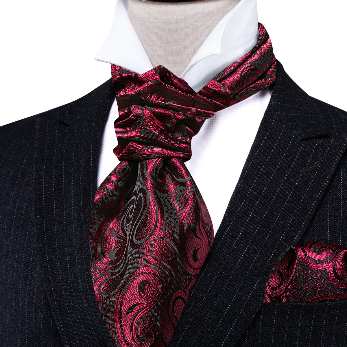 Burgundy Red Paisley Ascot, Pocket Square and Cufflinks ascot - Sophisticated Gentlemen