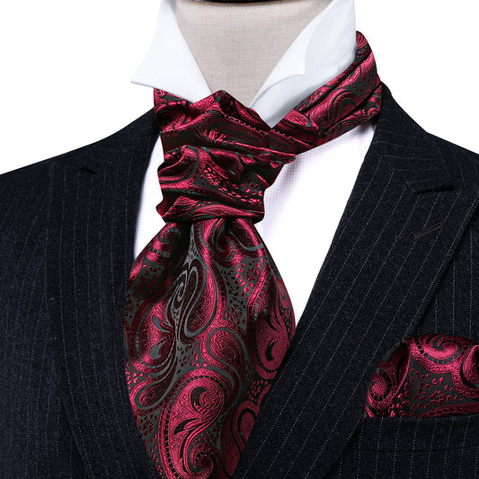 Burgundy Red Paisley Ascot, Pocket Square and Cufflinks ascot    - Sophisticated Gentlemen