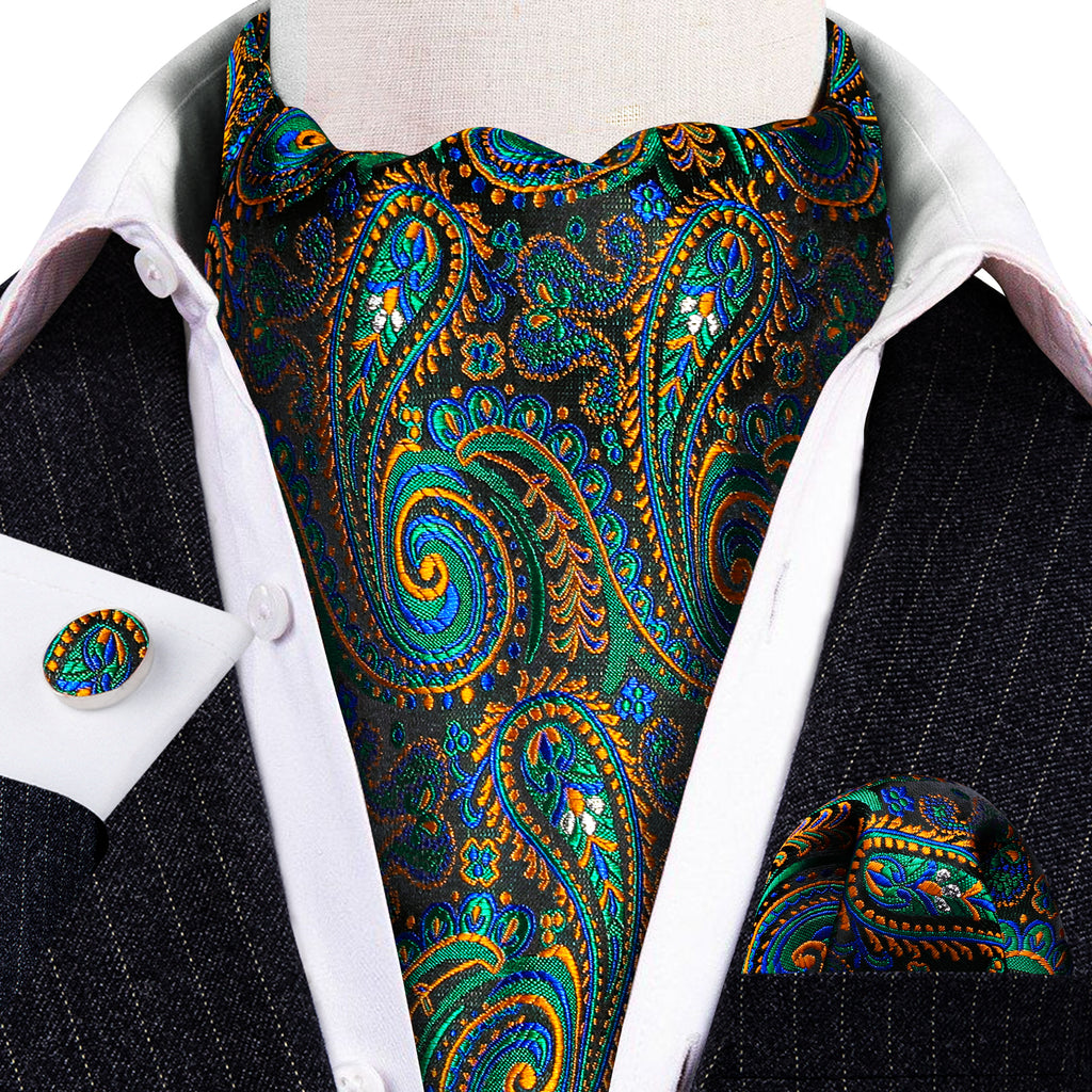 Green Teal Orange Paisley Ascot, Pocket Square and Cufflinks ascot - Sophisticated Gentlemen