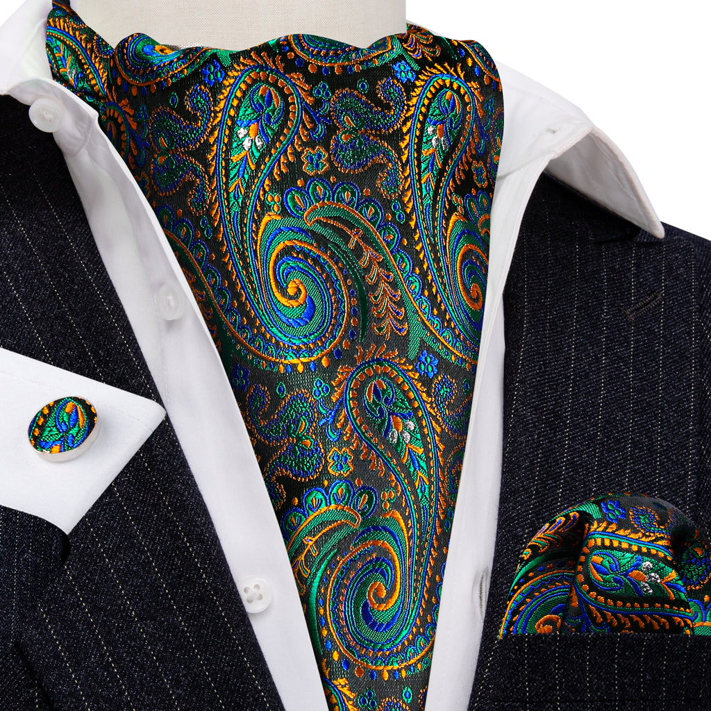 Green Teal Orange Paisley Ascot, Pocket Square and Cufflinks ascot - Sophisticated Gentlemen