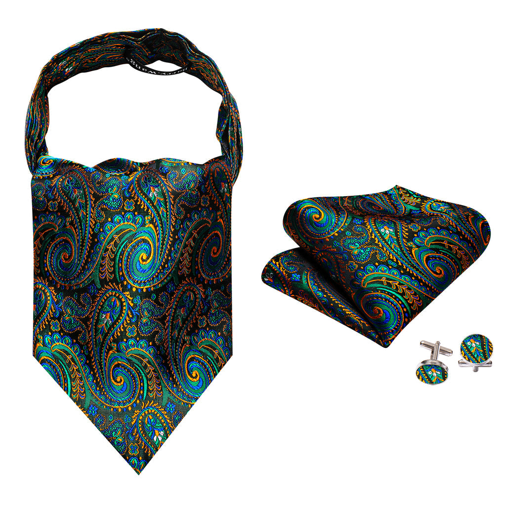 Green Teal Orange Paisley Ascot, Pocket Square and Cufflinks ascot - Sophisticated Gentlemen