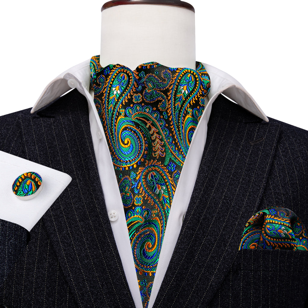 Green Teal Orange Paisley Ascot, Pocket Square and Cufflinks ascot - Sophisticated Gentlemen