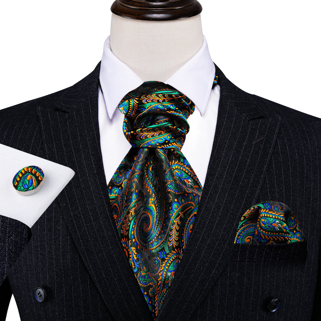 Green Teal Orange Paisley Ascot, Pocket Square and Cufflinks ascot - Sophisticated Gentlemen