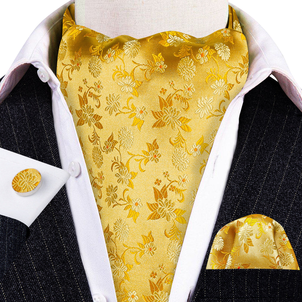 Yellow Floral Ascot, Pocket Square and Cufflinks ascot - Sophisticated Gentlemen