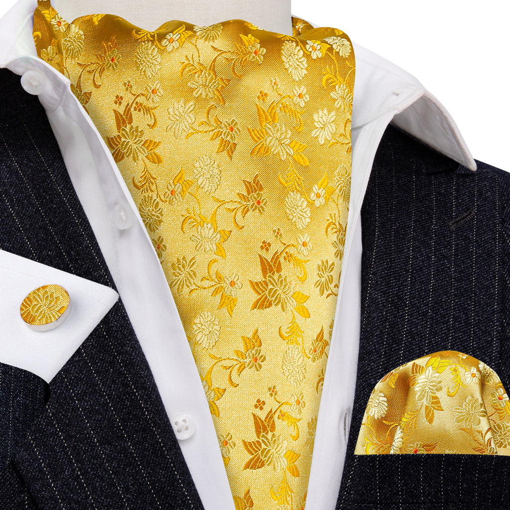 Yellow Floral Ascot, Pocket Square and Cufflinks ascot - Sophisticated Gentlemen