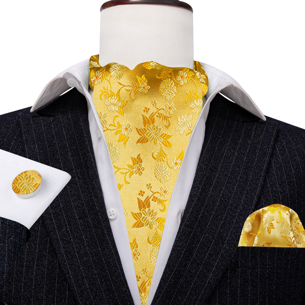 Yellow Floral Ascot, Pocket Square and Cufflinks ascot - Sophisticated Gentlemen