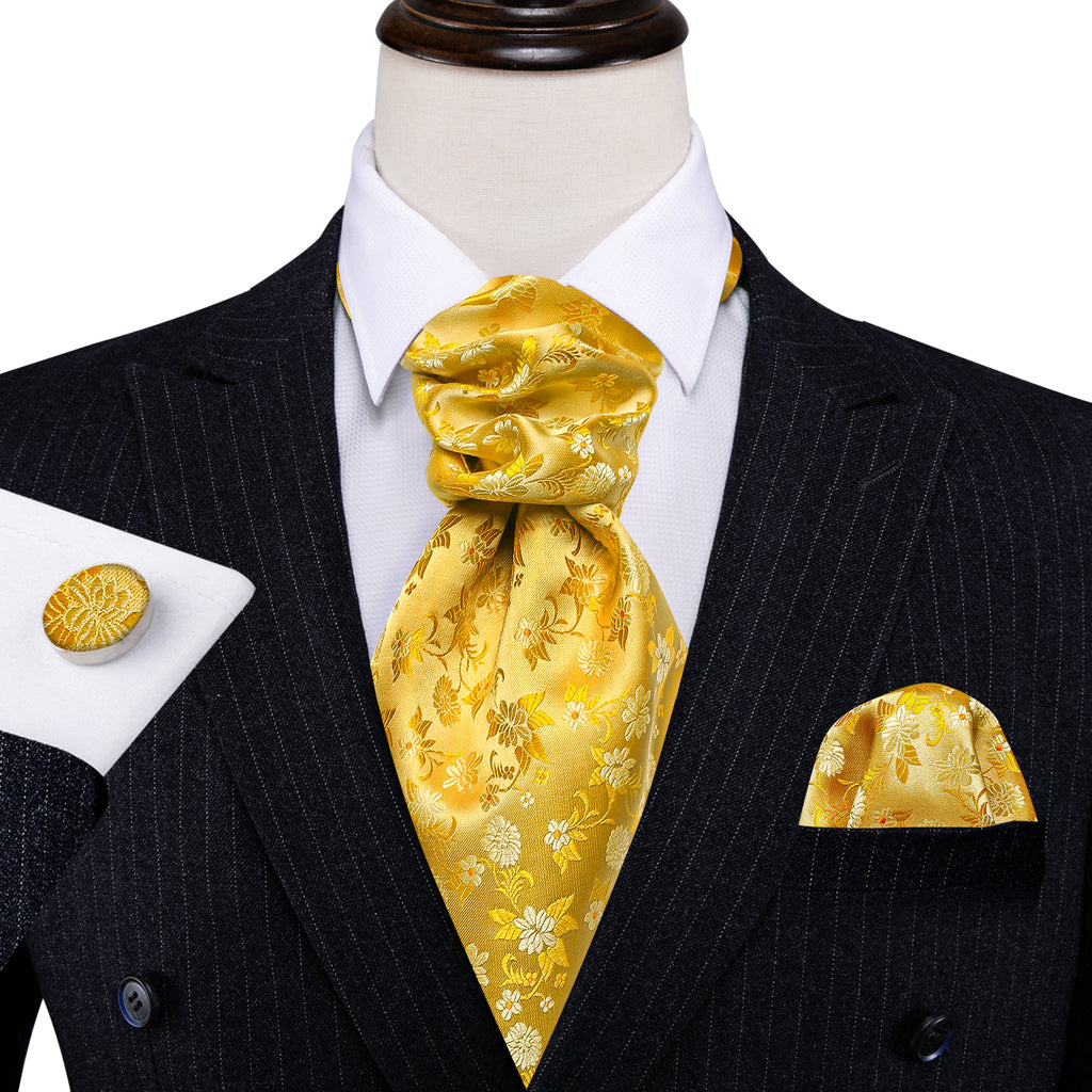 Yellow Floral Ascot, Pocket Square and Cufflinks ascot - Sophisticated Gentlemen
