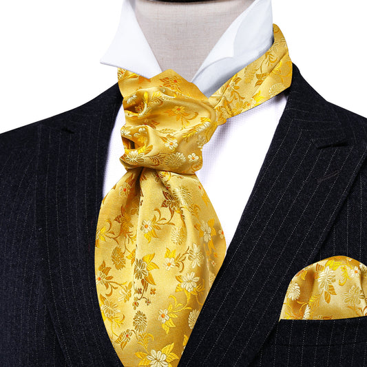 Yellow Floral Ascot, Pocket Square and Cufflinks ascot    - Sophisticated Gentlemen
