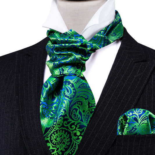 Teal Blue Paisley Ascot, Pocket Square and Cufflinks ascot    - Sophisticated Gentlemen