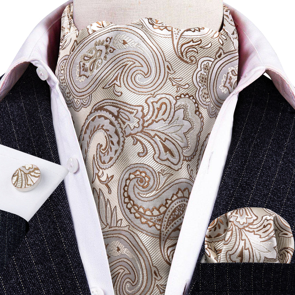 Beige Paisley Silk Ascot, Pocket Square and Cufflinks ascot - Sophisticated Gentlemen