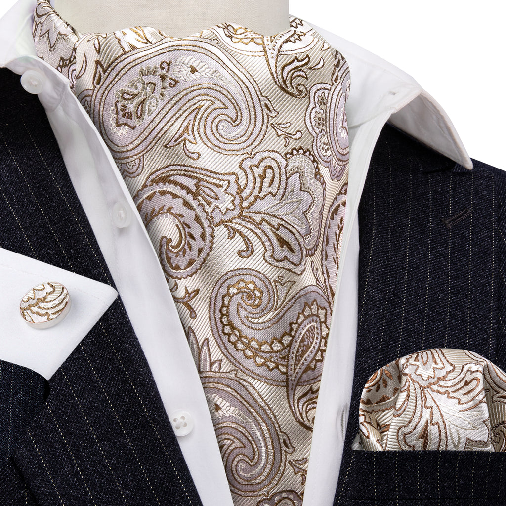 Beige Paisley Silk Ascot, Pocket Square and Cufflinks ascot - Sophisticated Gentlemen