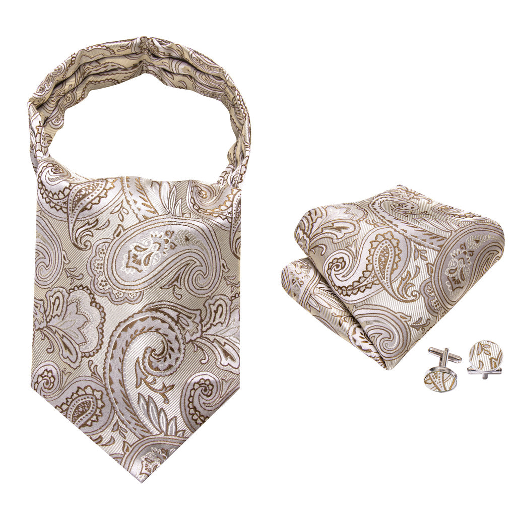 Beige Paisley Silk Ascot, Pocket Square and Cufflinks ascot - Sophisticated Gentlemen