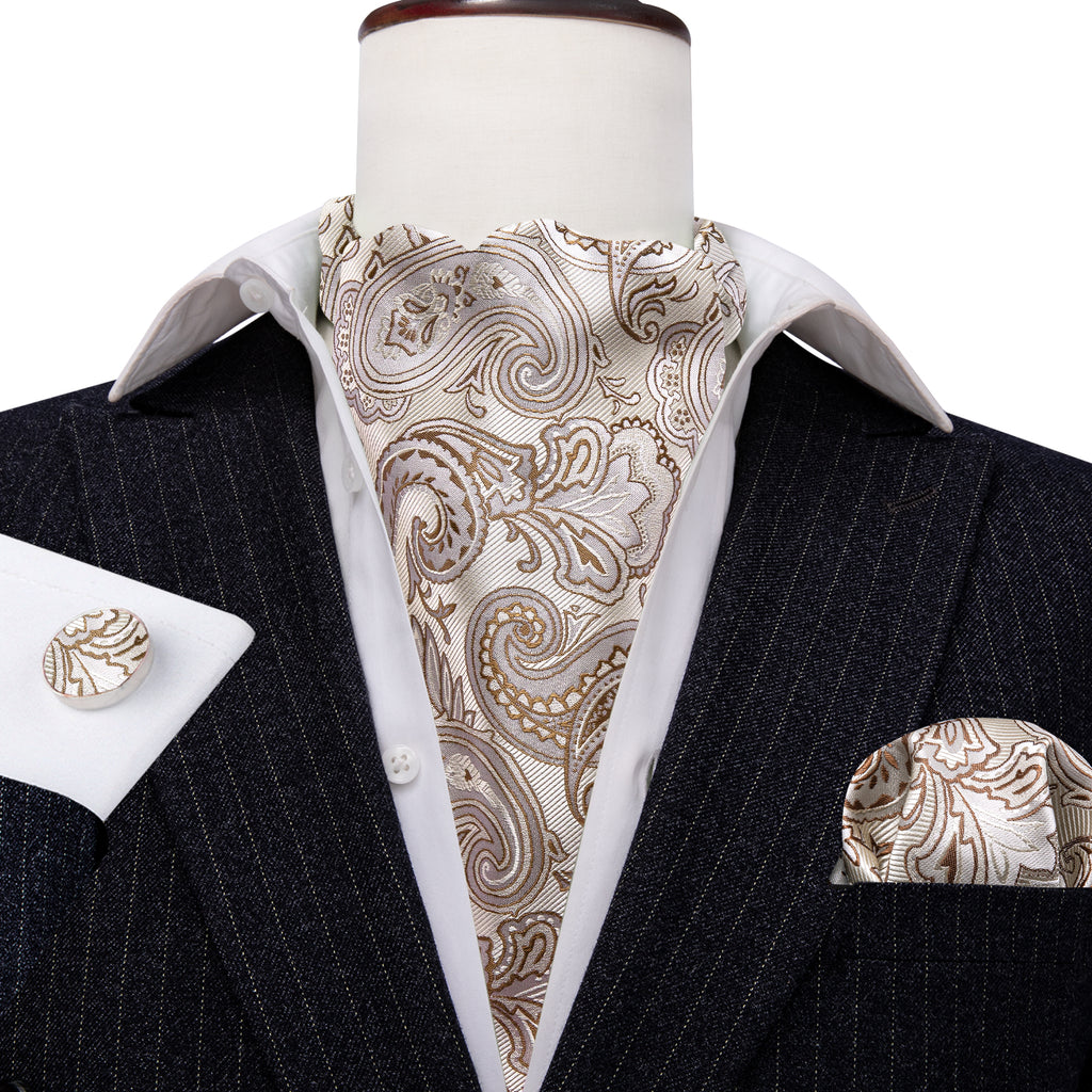 Beige Paisley Silk Ascot, Pocket Square and Cufflinks ascot - Sophisticated Gentlemen
