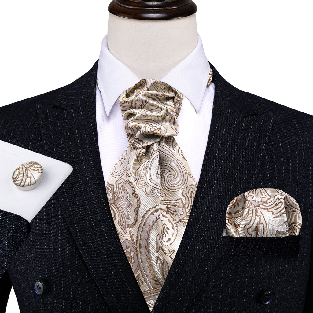 Beige Paisley Silk Ascot, Pocket Square and Cufflinks ascot - Sophisticated Gentlemen