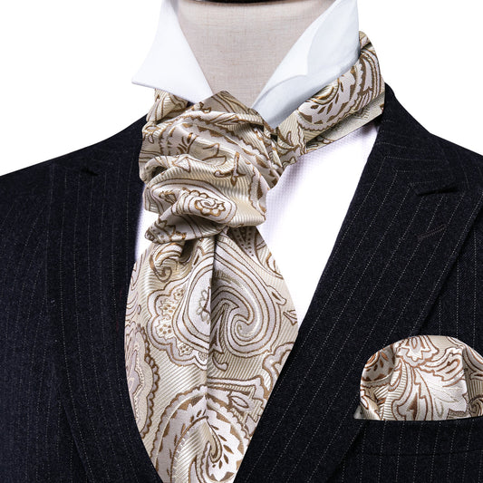Beige Paisley Silk Ascot, Pocket Square and Cufflinks ascot    - Sophisticated Gentlemen