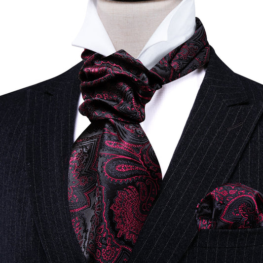 Black Maroon Paisley Silk Ascot, Pocket Square and Cufflinks ascot    - Sophisticated Gentlemen