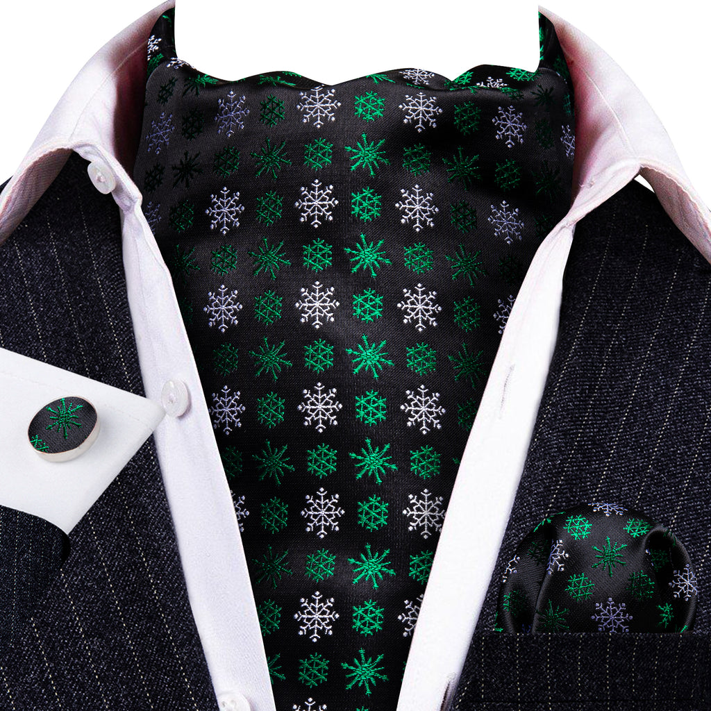 Black Green Christmas Snowflake Silk Ascot, Pocket Square and Cufflinks ascot - Sophisticated Gentlemen