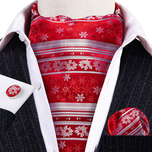 Red Silver Christmas Snowflake Silk Ascot, Pocket Square and Cufflinks ascot    - Sophisticated Gentlemen