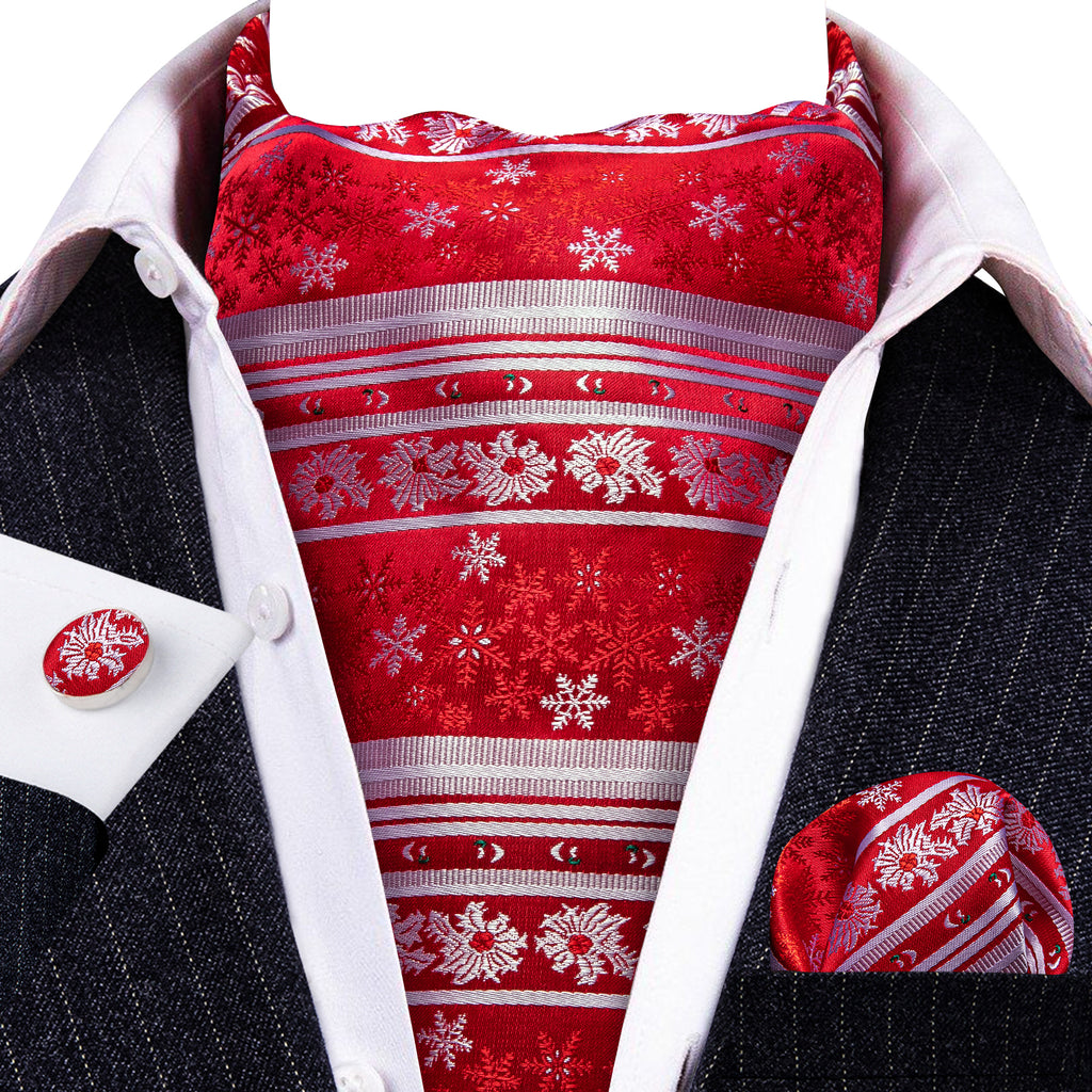 Red Silver Christmas Snowflake Silk Ascot, Pocket Square and Cufflinks ascot - Sophisticated Gentlemen