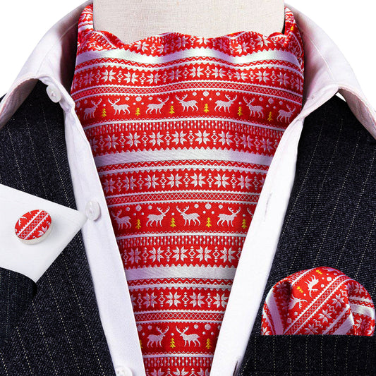Red White Christmas Floral Elk Silk Ascot, Pocket Square and Cufflinks ascot    - Sophisticated Gentlemen