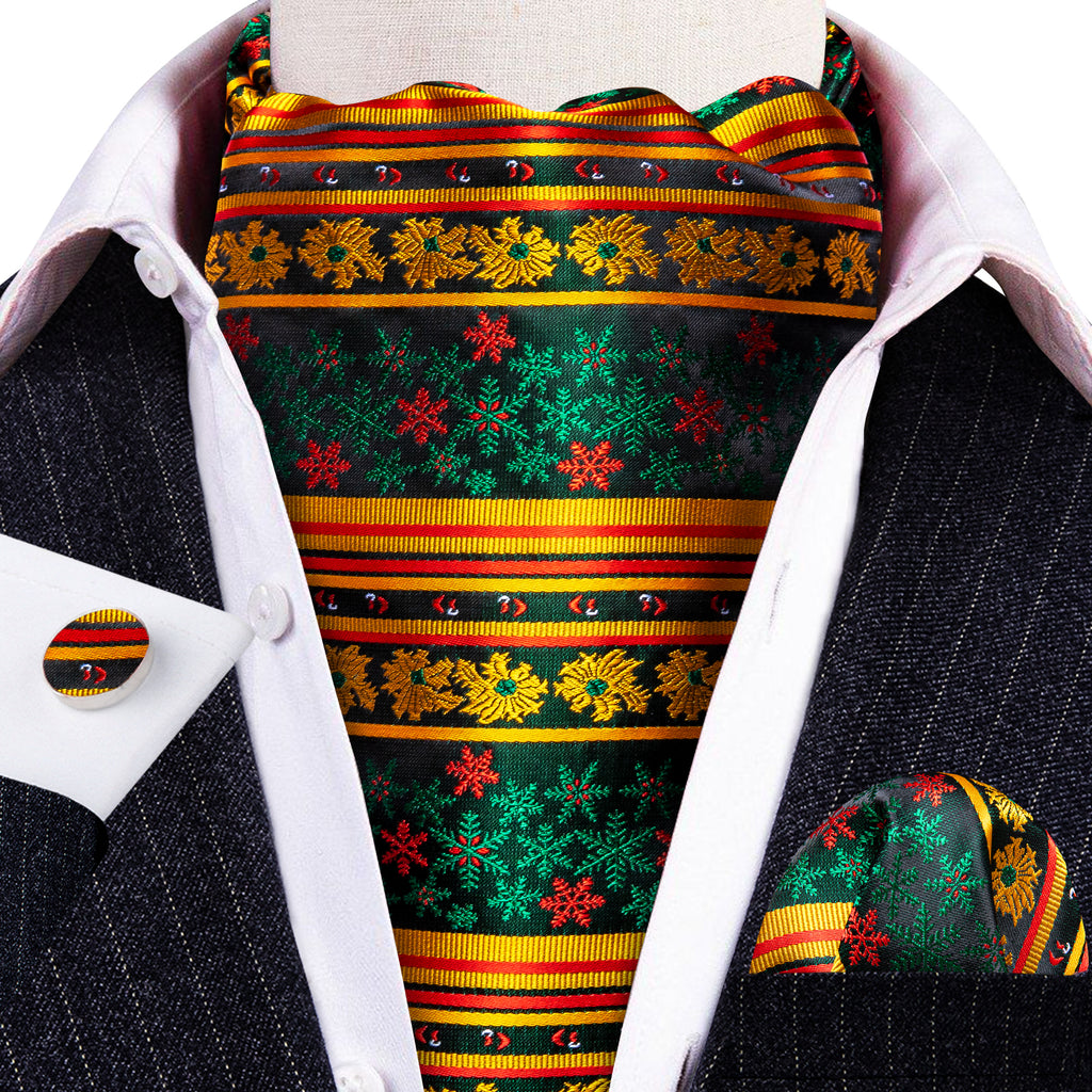 Green Gold Christmas Floral Silk Ascot, Pocket Square and Cufflinks ascot - Sophisticated Gentlemen