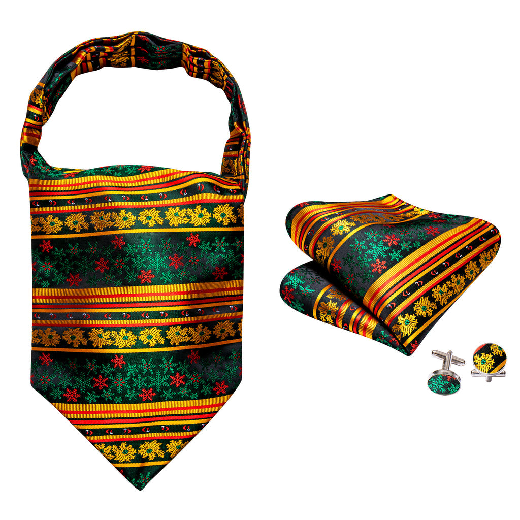 Green Gold Christmas Floral Silk Ascot, Pocket Square and Cufflinks ascot - Sophisticated Gentlemen