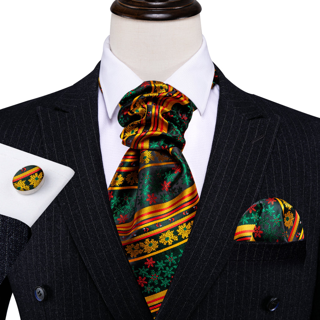 Green Gold Christmas Floral Silk Ascot, Pocket Square and Cufflinks ascot - Sophisticated Gentlemen