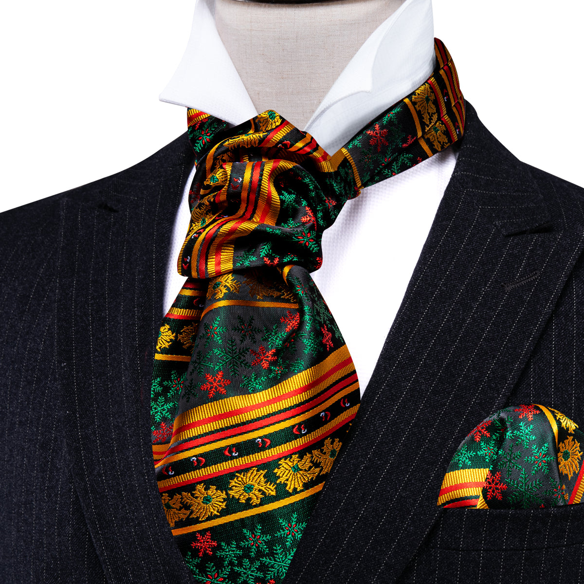 Green Gold Christmas Floral Silk Ascot, Pocket Square and Cufflinks ascot - Sophisticated Gentlemen
