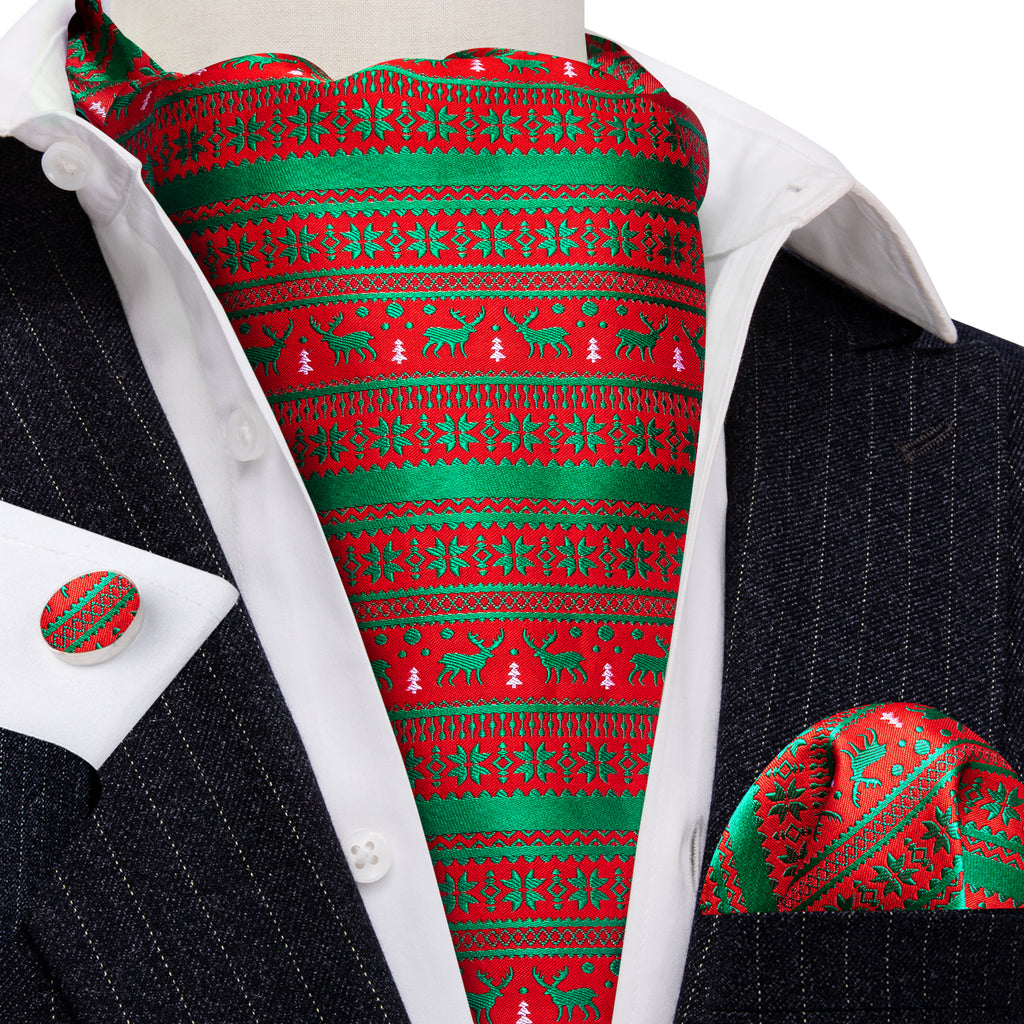 Red Green Christmas Floral Elk Silk Ascot, Pocket Square and Cufflinks ascot - Sophisticated Gentlemen
