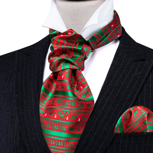 Red Green Christmas Floral Elk Silk Ascot, Pocket Square and Cufflinks ascot    - Sophisticated Gentlemen