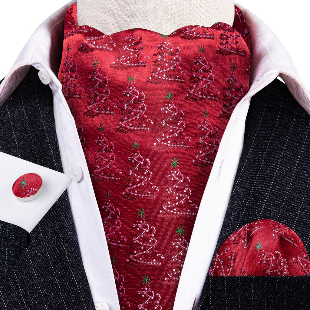Red Christmas Tree Silk Ascot, Pocket Square and Cufflinks ascot - Sophisticated Gentlemen