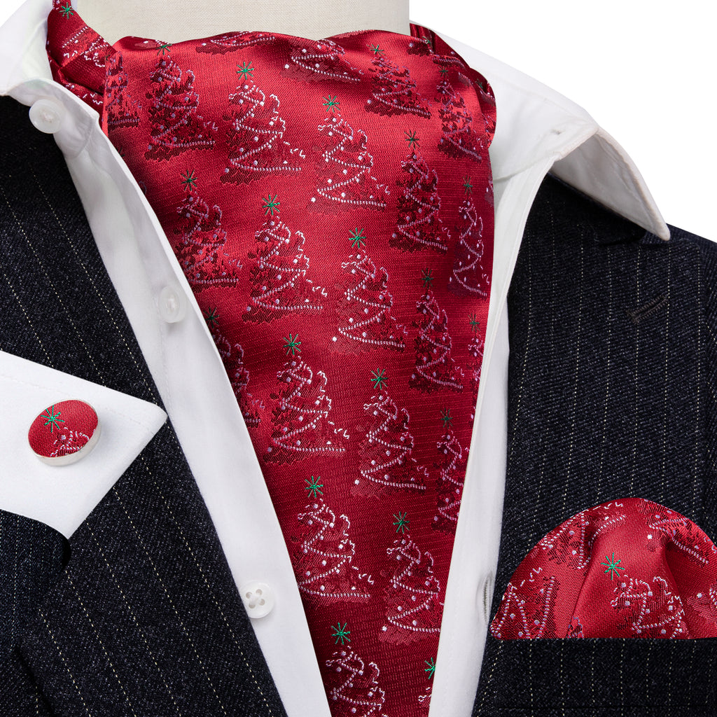 Red Christmas Tree Silk Ascot, Pocket Square and Cufflinks ascot - Sophisticated Gentlemen