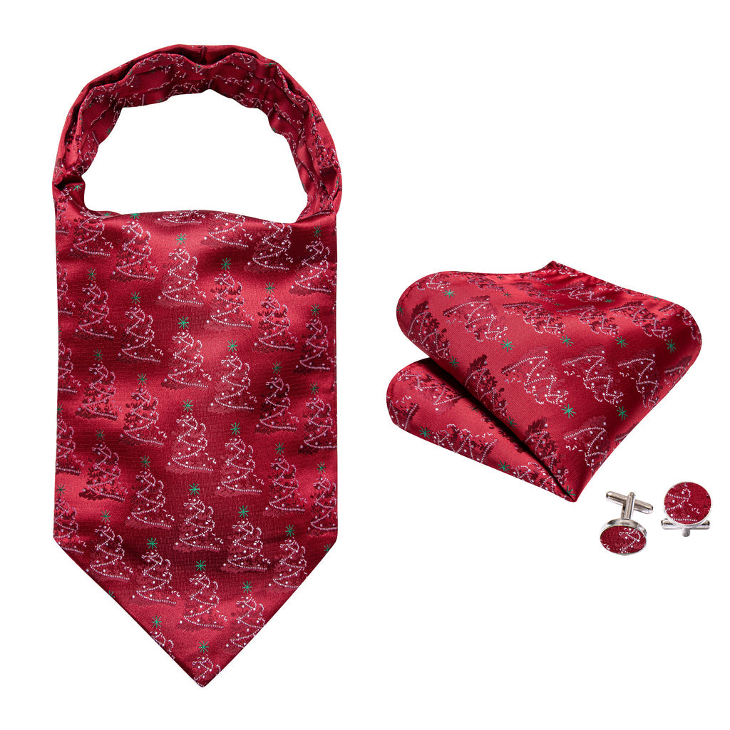 Red Christmas Tree Silk Ascot, Pocket Square and Cufflinks ascot - Sophisticated Gentlemen