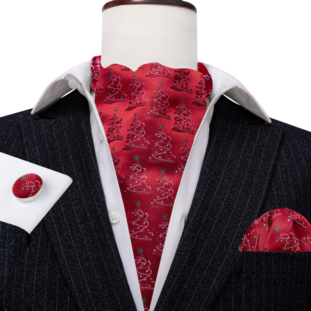 Red Christmas Tree Silk Ascot, Pocket Square and Cufflinks ascot - Sophisticated Gentlemen