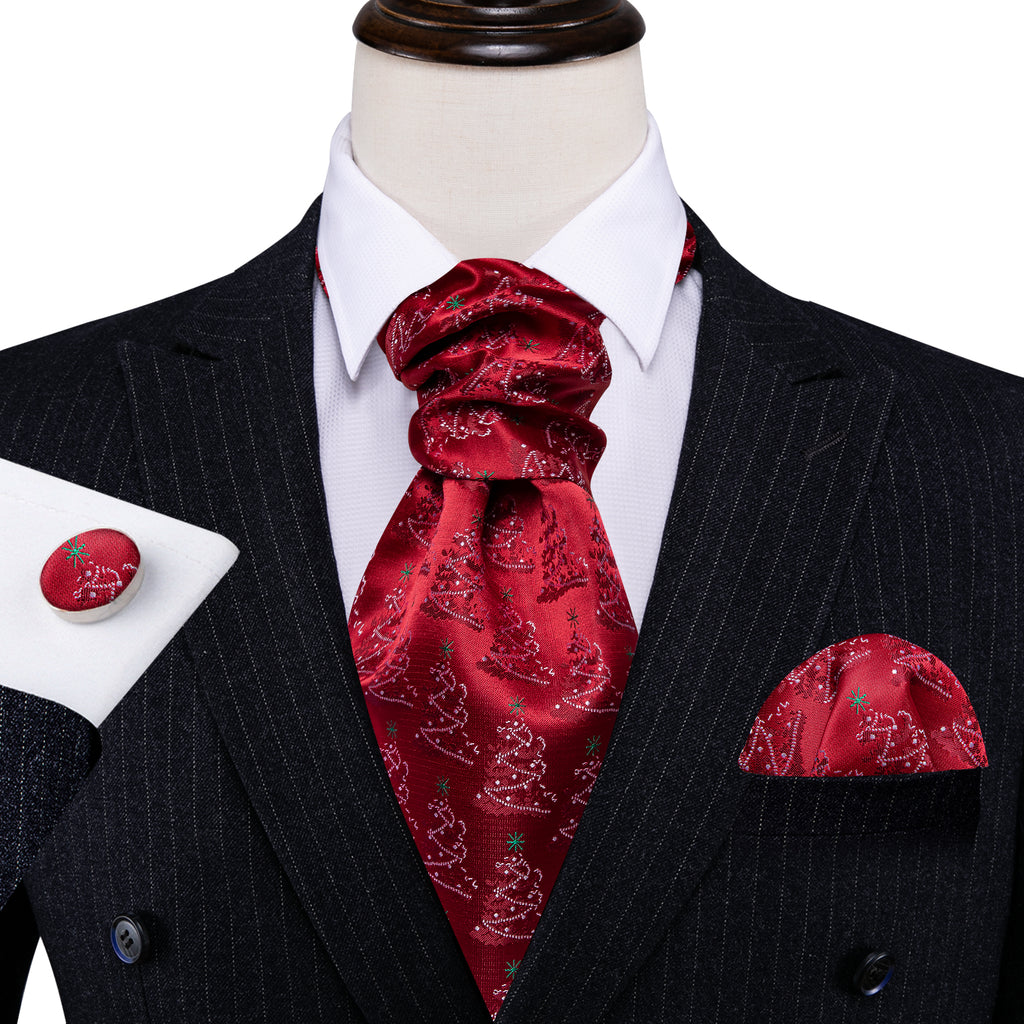 Red Christmas Tree Silk Ascot, Pocket Square and Cufflinks ascot - Sophisticated Gentlemen