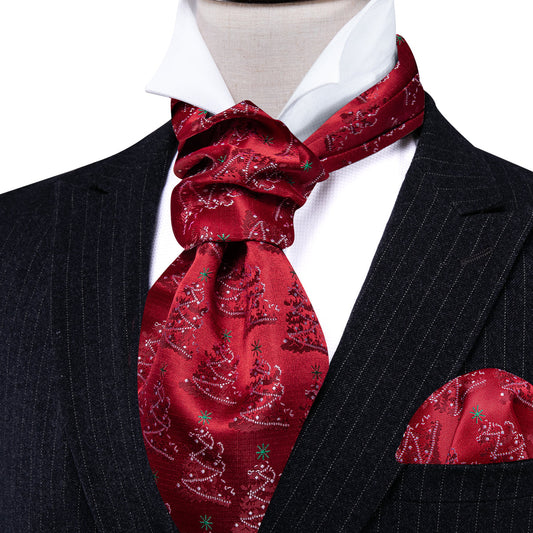 Red Christmas Tree Silk Ascot, Pocket Square and Cufflinks ascot    - Sophisticated Gentlemen
