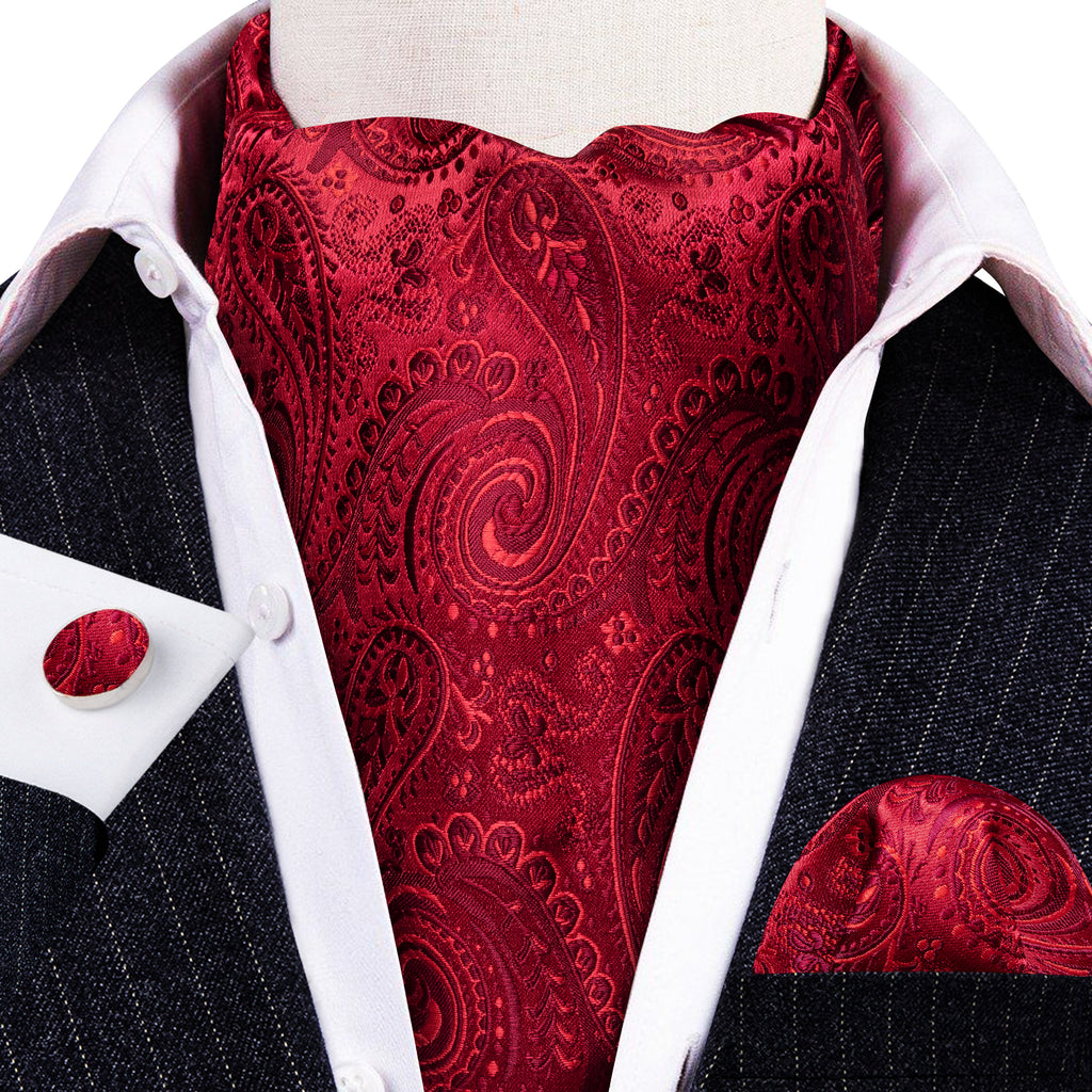 Red Paisley Silk Ascot, Pocket Square and Cufflinks ascot - Sophisticated Gentlemen