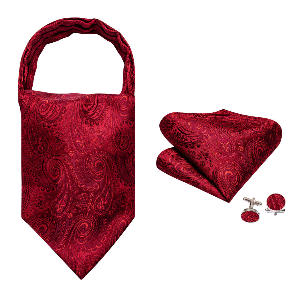 Red Paisley Silk Ascot, Pocket Square and Cufflinks ascot - Sophisticated Gentlemen