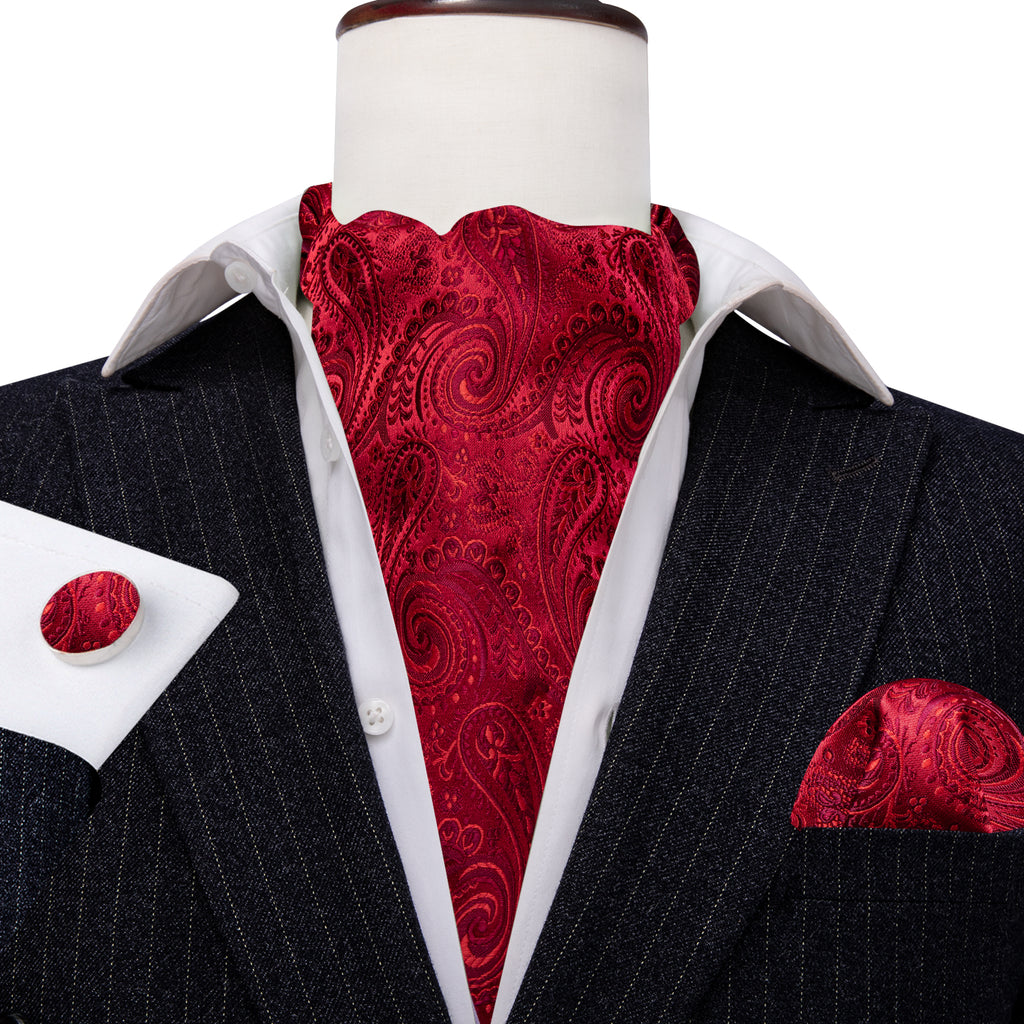 Red Paisley Silk Ascot, Pocket Square and Cufflinks ascot - Sophisticated Gentlemen