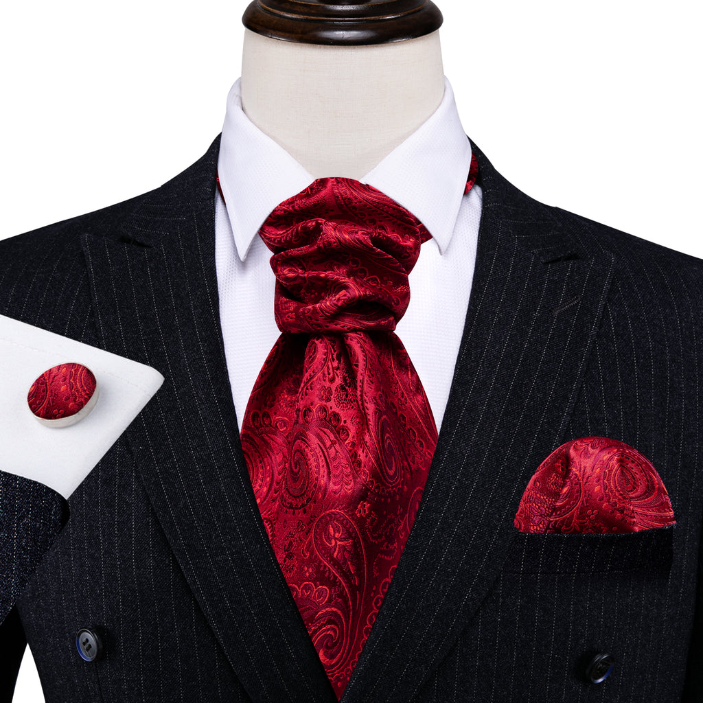 Red Paisley Silk Ascot, Pocket Square and Cufflinks ascot - Sophisticated Gentlemen