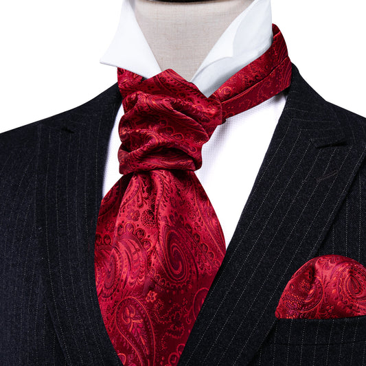 Red Paisley Silk Ascot, Pocket Square and Cufflinks ascot    - Sophisticated Gentlemen