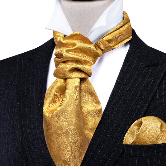 Gold Yellow Paisley Silk Ascot, Pocket Square and Cufflinks ascot    - Sophisticated Gentlemen