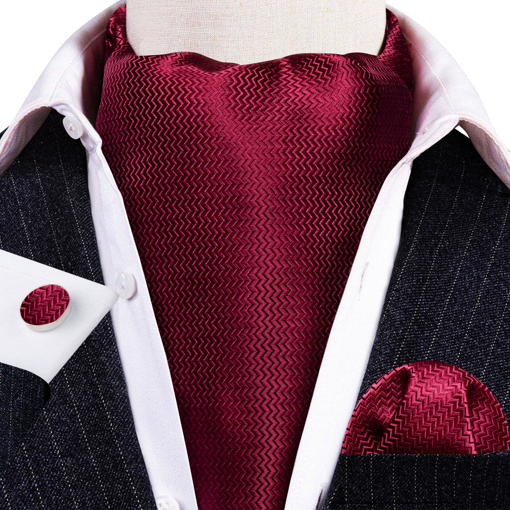 Dark Red Striped Silk Ascot, Pocket Square and Cufflinks ascot - Sophisticated Gentlemen