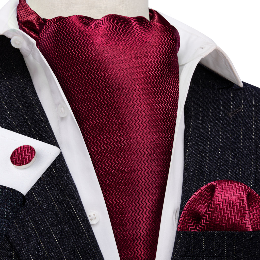 Dark Red Striped Silk Ascot, Pocket Square and Cufflinks ascot - Sophisticated Gentlemen